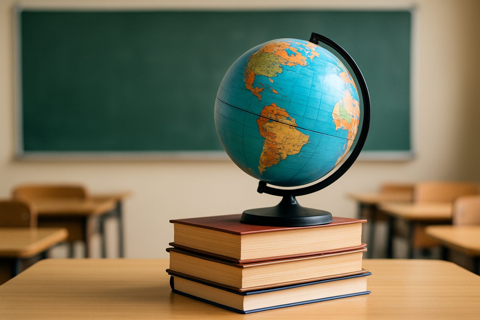 A globe sitting on stacked books in a classroom setting.