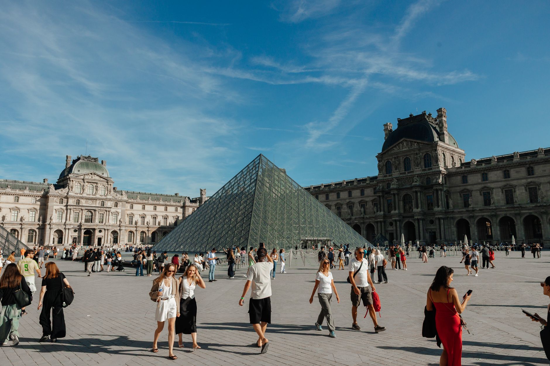People enjoying a sunny day at the iconic Louvre Pyramid in Paris, France. — Decoding the Mechanism of Watchman Devices