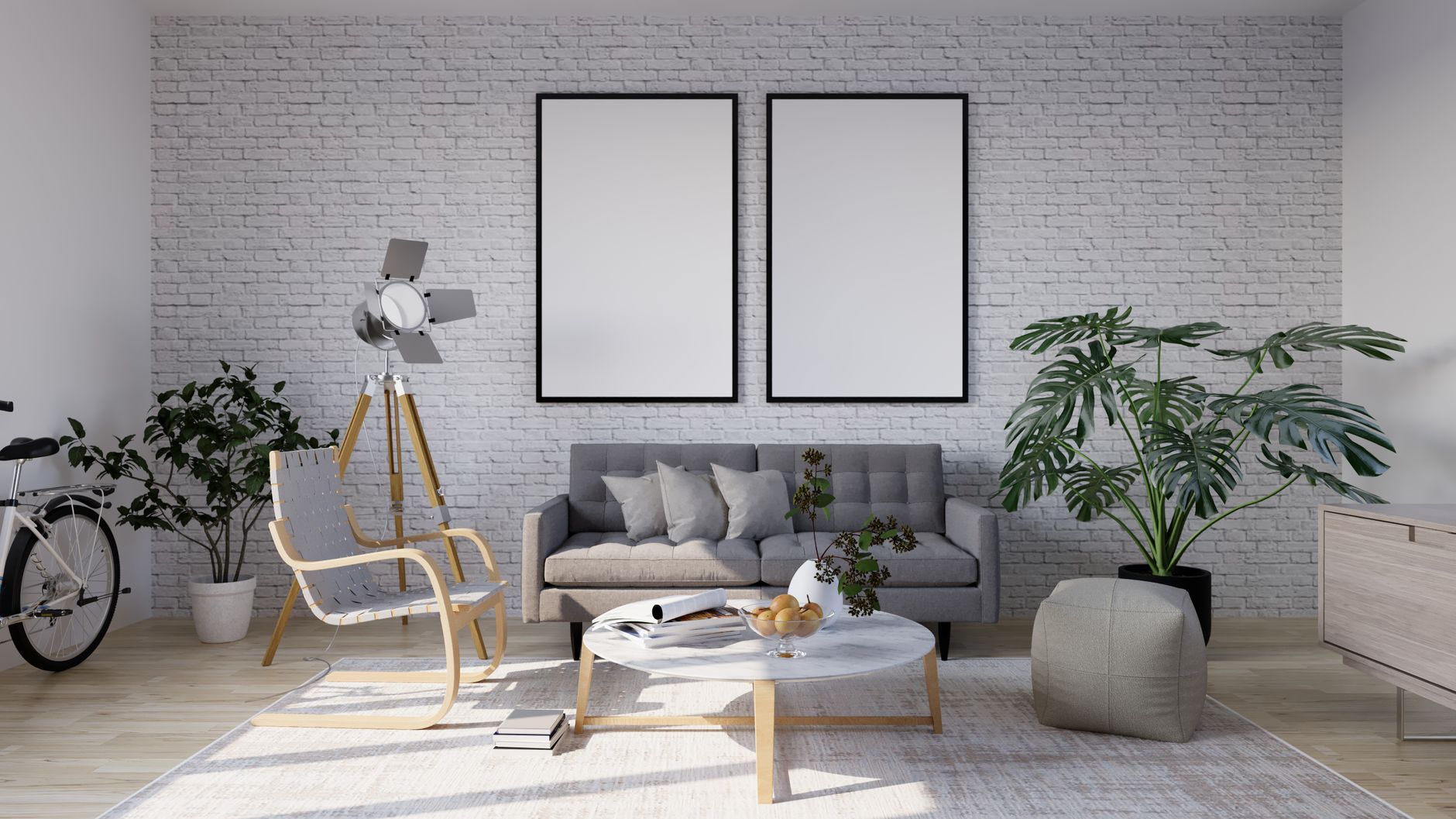 Bright modern living room with Scandinavian decor including a sofa, plants, and minimalist furniture. — Innovative Toilet Sea