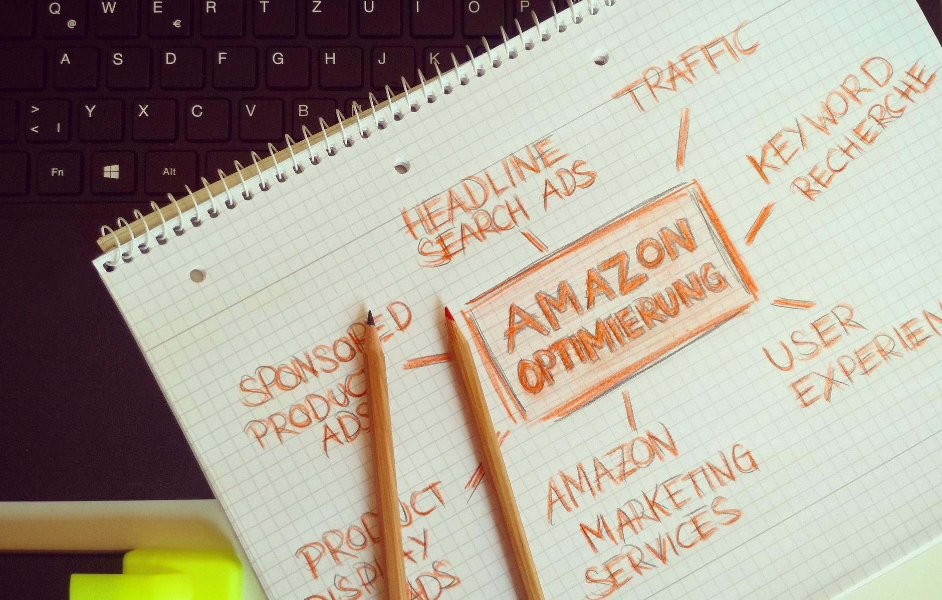 Visual representation of Amazon optimization techniques with handwritten notes and pencils. — IPTV Sweden includes thousands