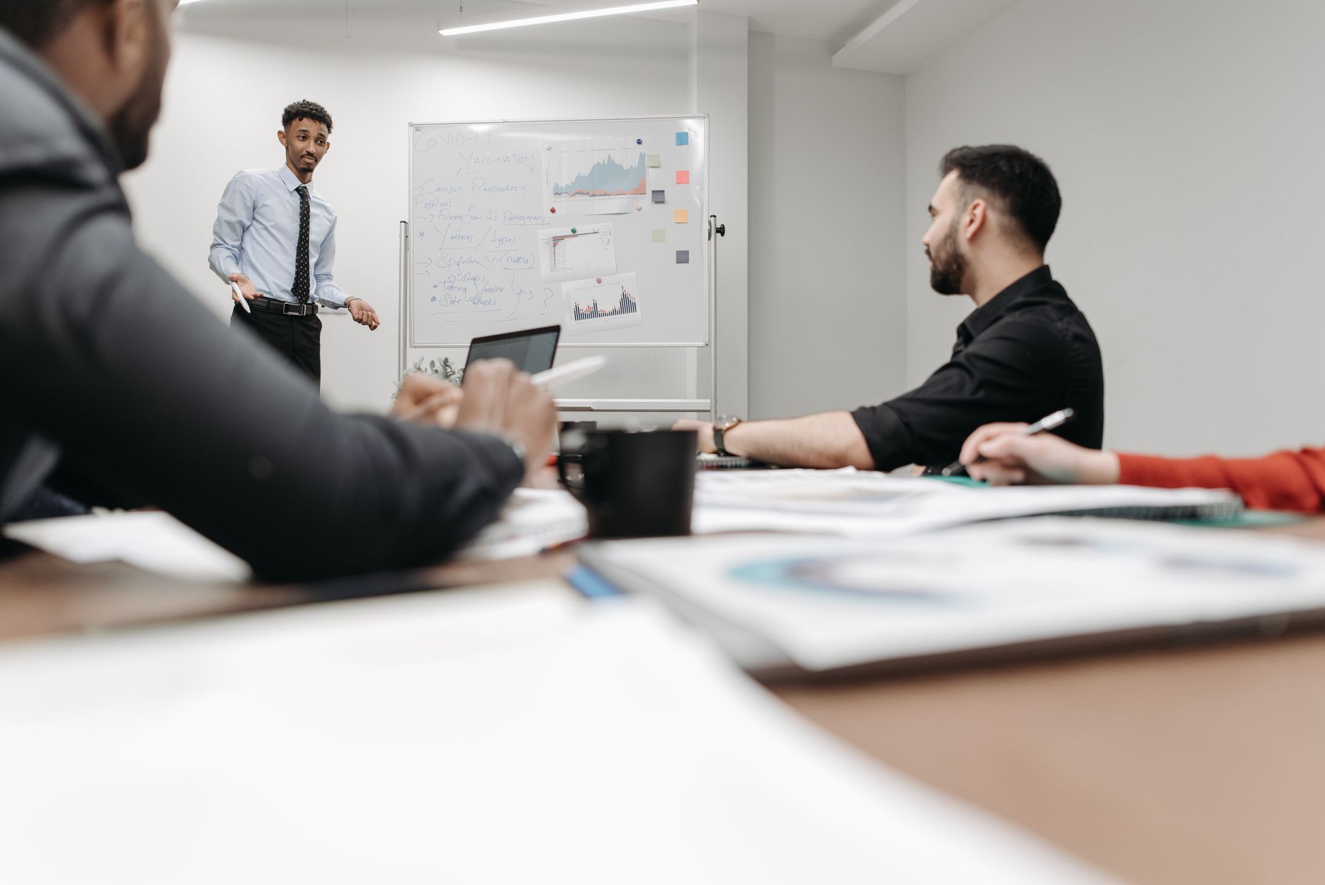 Corporate team during a presentation in an office setting, featuring discussions and planning. β The Impact of Global Events