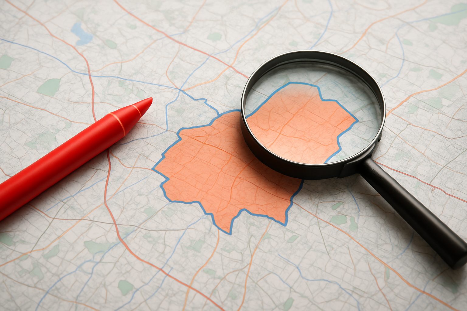 A close-up view of a map with a highlighted area and a magnifying glass next to a red pen.
